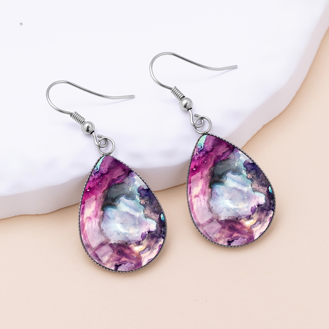 Pink-purple Gradient Geode Pattern Teardrop Earrings